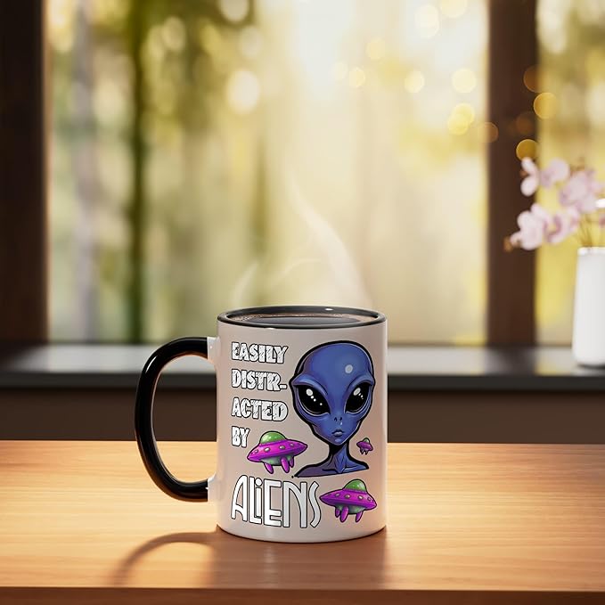 Easily Distracted By Aliens Funny Sci Fi Apparel Design Ceramic Mug, Black/White