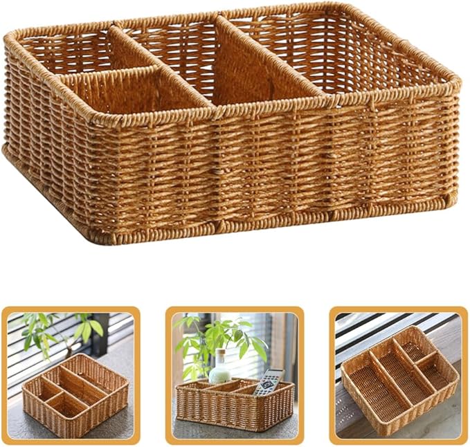 Wicker Divided Storage Basket, Rectangular Hand-woven Baskets Plastic Drawer Baskets Organizer for Organizing Cabinet Coffee Table Toilet Paper