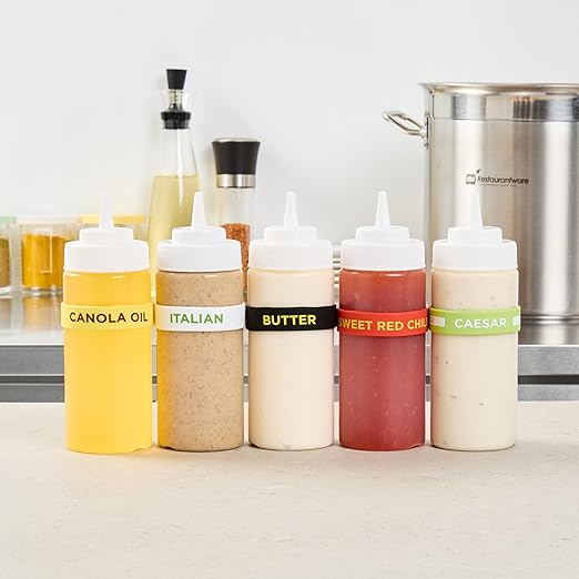 Restaurantware Silicone Squeeze Bottle Band 10 Count 2.75 Inch Dishwasher Safe Condiment Identification Band, Butter Black Non-Slip Label Band for Condiment Labeling at Restaurants, Food Trucks