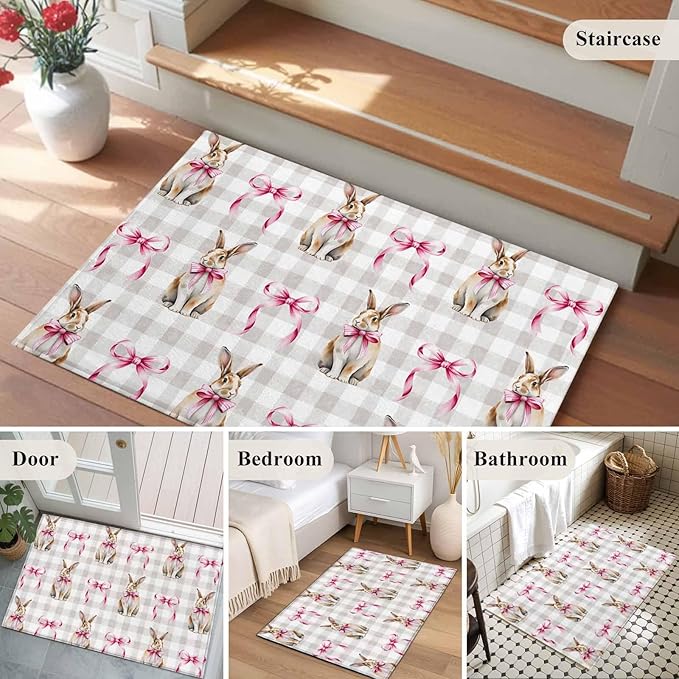 Area Rug 2x3ft, Easter Rabbit Pink Bow Washable Rugs for Living Room Bedroom, Seamless Bunny Gray Buffalo Plaid Soft Non-Slip Area Rugs Rectangle Floor Carpet for Dining Room