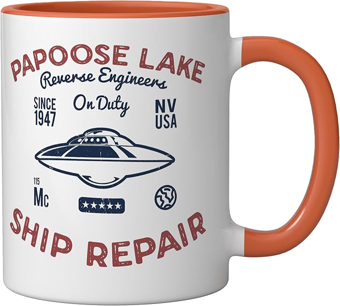 Flying Saucer Papoose Lake Ship Repair Funny UFO Ceramic Mug, Orange/White