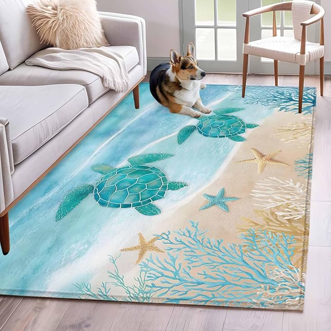 Area Rug 3x5ft, Sea Turtle Starfish Coral Washable Rugs for Living Room Bedroom, Summer Seaside Ocean Life Soft Non-Slip Area Rugs Rectangle Floor Carpet for Dining Room