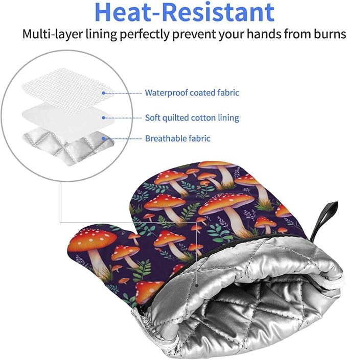 Mushroom Oven Mitts of 2-Pack Set, Funny Kitchen Gloves Heat Resistant Non-Slip Kitchen Mitts Safe Cooking Baking Grilling