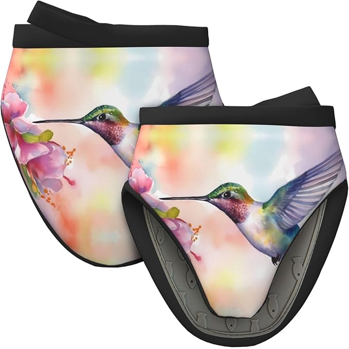 2 Pcs Mini Silicone Oven Mitts Cute Hummingbirds Heat Resistant Grill Gloves with Hanging Loop, Spring Pink Floral Little Kitchen Mittens for Cooking Baking BBQ