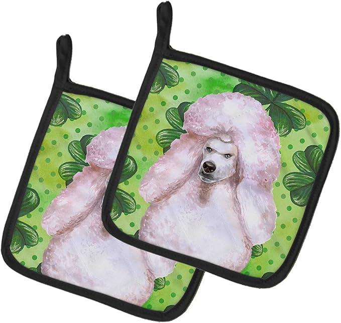 Caroline's Treasures BB9891PTHD White Standard Poodle St Patrick's Pair of Pot Holders, Green Kitchen Heat Resistant Pot Holders Sets Oven Hot Pads for Cooking Baking BBQ, 7 1/2 x 7 1/2