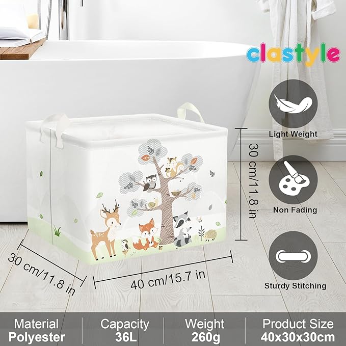 Clastyle 36L Large Woodland Animal Tree House Baby Basket Rectangle Deer Fox Squirrel Shelf Basket with Handle Collapsible Book Toy Clothes Towel Nursery Storage Basket
