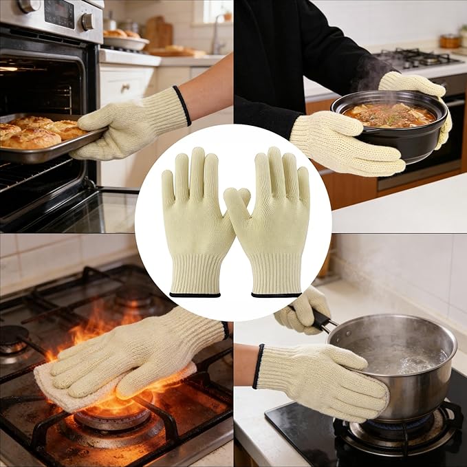 Double Layer Aramid Oven Gloves for Cooking, Baking & Grilling - 932°F Heat Resistant Flame Retardant Oven Mitts Gloves with Fingers for Home Chefs and Professionals