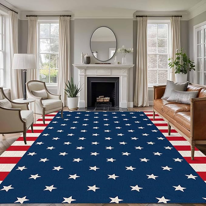 Area Rug 6x9ft, American Independence Day Washable Rugs for Living Room Bedroom, USA Stars on Blue Red White Border Soft Non-Slip Area Rugs Rectangle Floor Carpet for Dining Room
