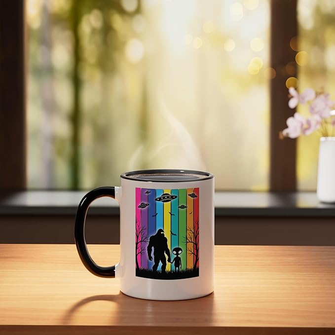 Bigfoot Holding Hands With Alien Ufo Rainbow Sci Fi Ceramic Mug, Black/White