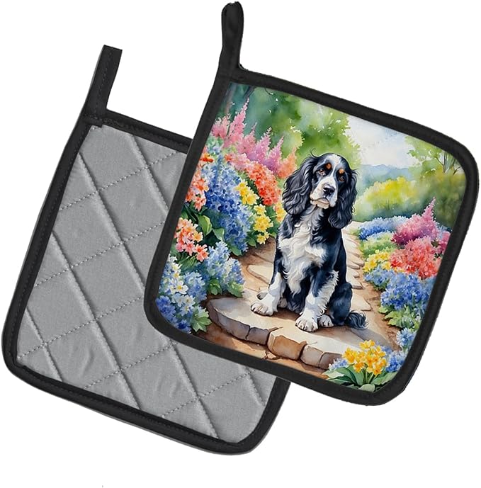 Caroline's Treasures Cocker Spaniel Spring Path Pair of Pot Holders Kitchen Heat Resistant Pot Holders Sets Oven Hot Pads for Cooking Baking BBQ, 7 1/2 x 7 1/2