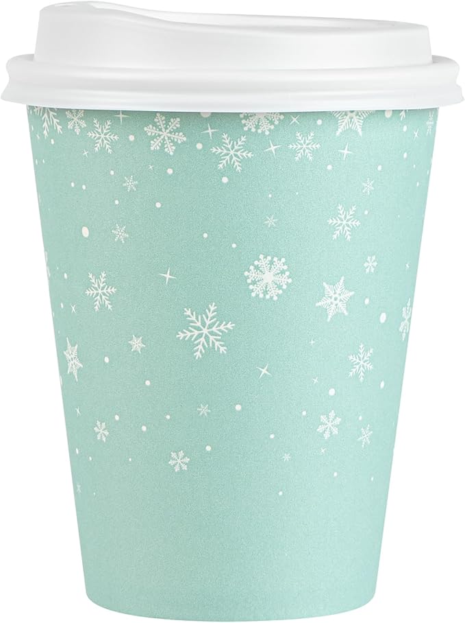 Restaurantware-Restpresso 12 Ounce Drinking Cups, 20 Hot Cups With Plastic Lids - Snowflake Design, Disposable, Light Blue Paper Coffee Cups, For Christmas Parties, Serve Hot And Cold Drinks