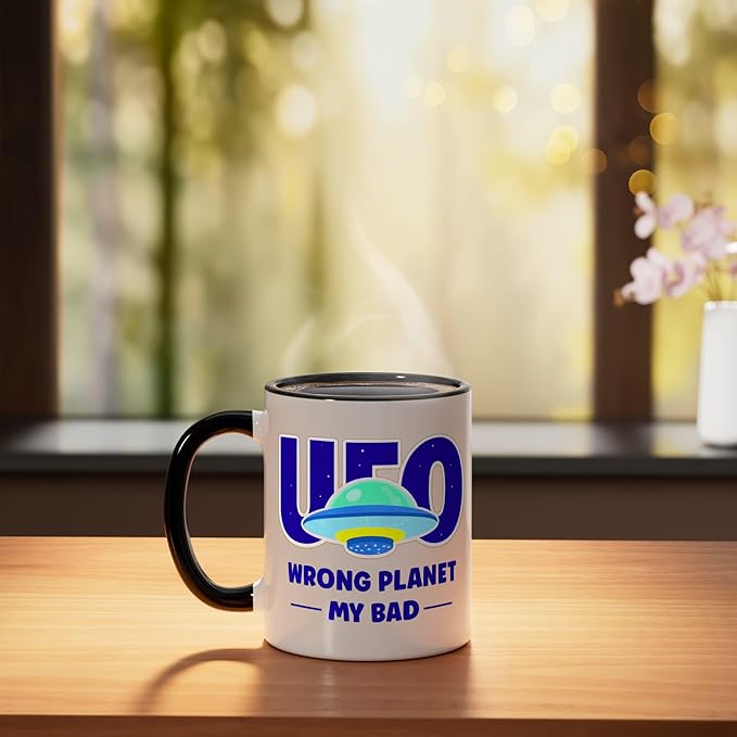 UFO Aficionado Retro Flying Saucer Wrong Planet My Bad Ceramic Mug, Black/White