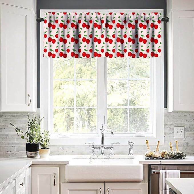 Red Cherry Curtain Valance, Cute Fruit Farmhouse Decorative Rod Pocket Window Drapes for Kitchen Dining Room Bedroom Living Room Cafe Party Home Decoration, 54x18Inch