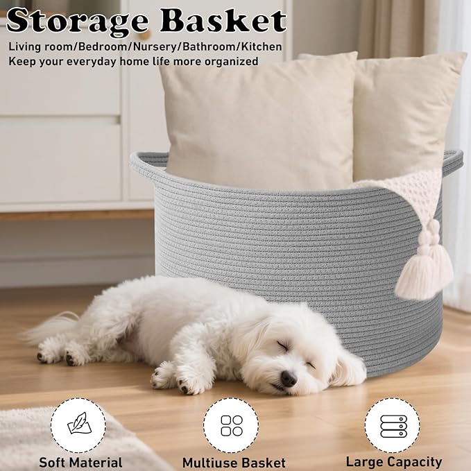 90L Extra Large Blanket Basket,Woven Rope Laundry Basket Hamper with Handles, Decorative Nursery Basket Storage Bin for Toys, Clothes Organizer, Living Room, Bedroom, Bathroom, Light Grey