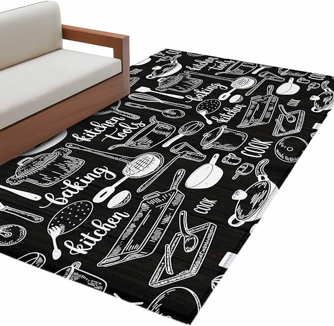 Black Kitchen Tools 2.7x5 Area Rugs, Modern Cooking Utensil Non-Skid Rubber Backing Large Rectangle Rugs - Living Room Bedroom Home Office, Farmhouse Cookware Indoor Floor Mat Carpets Washable Rug