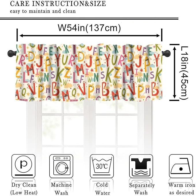 Kids Alphabet Valance Curtain, Cartoon Funny Educational Learning Tool Short Window Treatment for Kitchen Bedroom Nursery Classroom Decor, 54x18Inch