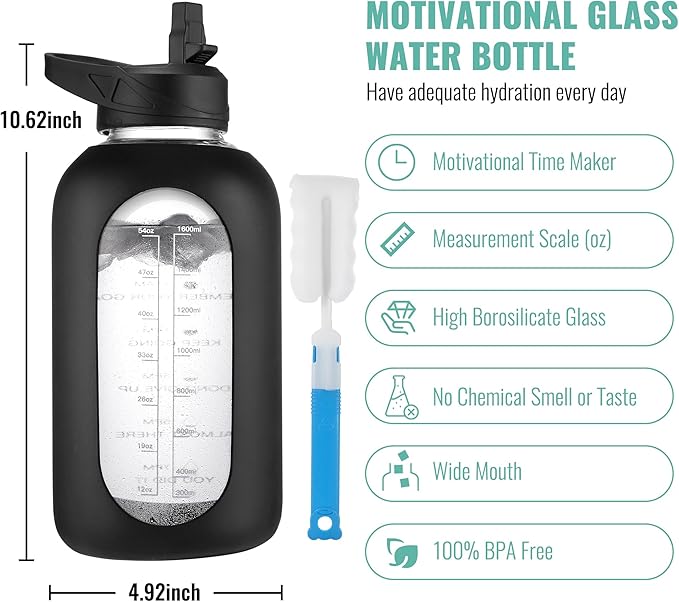 CIVAGO 64 oz Glass Water Bottle Jug with Straw and Handle, Half Gallon Sports Motivational Water Bottle with Time Marker, Wide Mouth Water Flask Canteen with Silicone Sleeve for Gym,Smog Blue