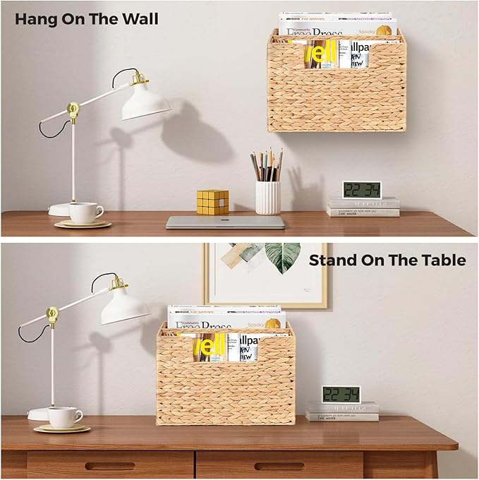 Handwoven Divided Water Hyacinth Wall Magazine Holder - Natural Hanging Organizer for Mail, Newspapers & Magazines, Books & Files - Divided Magazine Basket for Entryway, Living Room, Office