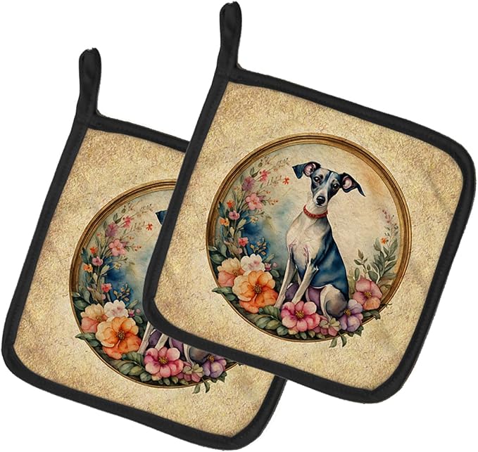 Caroline's Treasures Italian Greyhound and Flowers Pair of Pot Holders Kitchen Heat Resistant Pot Holders Sets Oven Hot Pads for Cooking Baking BBQ, 7 1/2 x 7 1/2