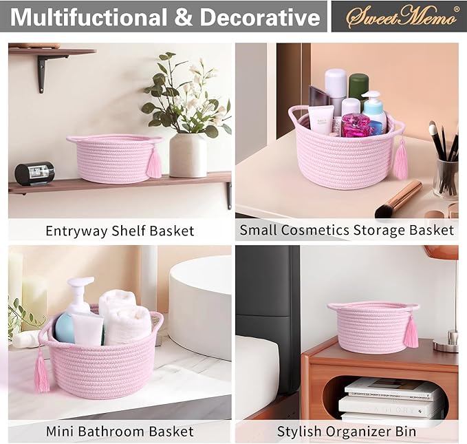Small Cute Empty Gift Basket - Little Woven Rope Baskets for Girl, Baby Shower Gifting, Makeup, Desk，Valentines，Bathroom- Decorative Vanity Organizer Bins - 2 Pack, Pre-Shaped, Pastel Pink