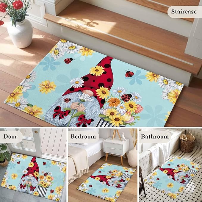 Area Rug 2x3ft, Summer Ladybug Gnome Daisy Flower Washable Rugs for Living Room Bedroom, Watercolor Bloom Floral on Blue Soft Non-Slip Area Rugs Rectangle Floor Carpet for Dining Room