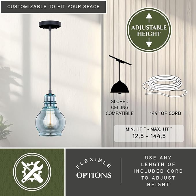 VAXCEL Millie Jar Mini Pendant for Kitchen Island, Farmhouse Ceiling Lighting, Oil Rubbed Bronze Finish, Smoke Blue Glass
