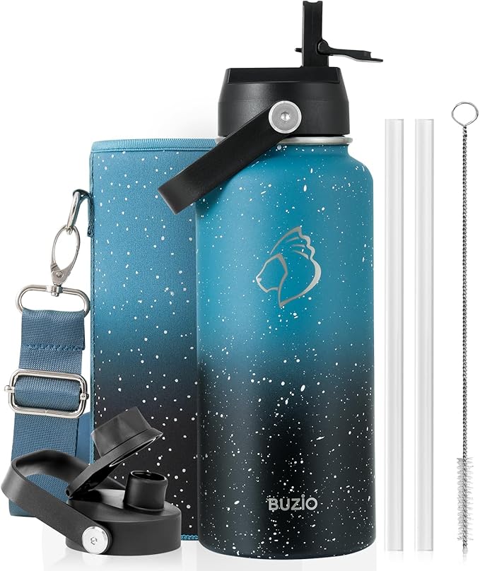 BUZIO 32 oz Water Bottle Insulated, Leakproof Stainless Steel Flask (Cold for 48 Hrs), Wide Mouth BPA-Free Metal Thermo Hydro Canteen with 2 Lids, Dappled Navy Black