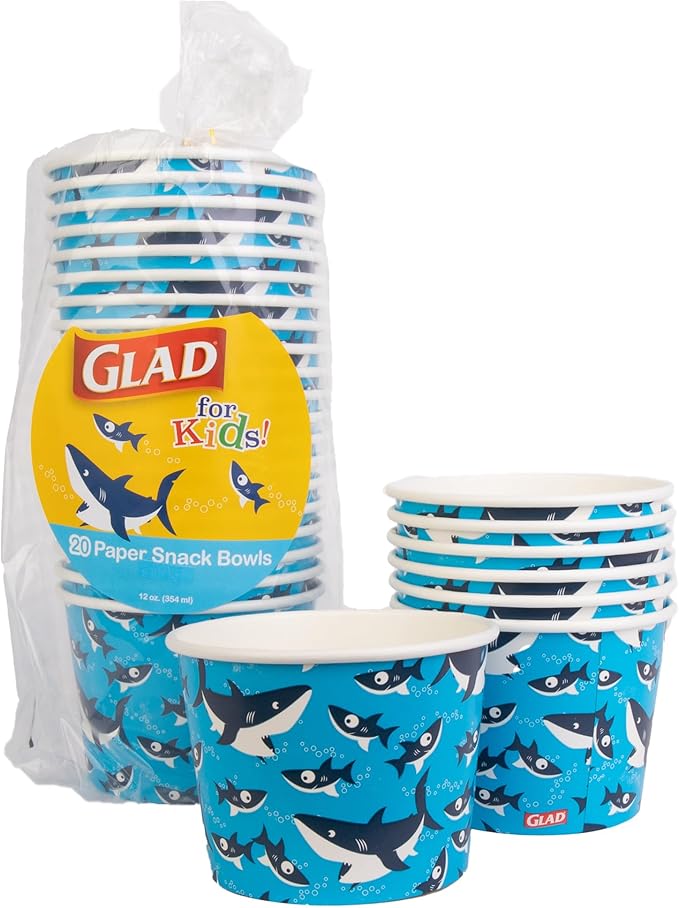 Glad for Kids Shark Paper Snack Bowls, Lids Not Included - Heavy Duty, Soak-Proof, Microwavable Kid-Friendly Disposable Snack Cups, No Lids Included, 12 Ounce, 20 Count