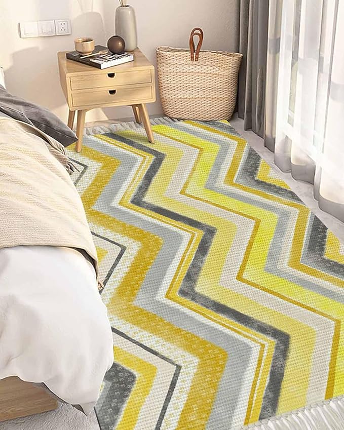 Kitchen Runner Rugs, Yellow Gray Gradient Zigzag Stripe 4'x6' Throw Rug with Tassels, Nordic Style Abstract Art Washable Soft Floor Carpet Runner for Hallway Bedroom Bathroom Laundry Room