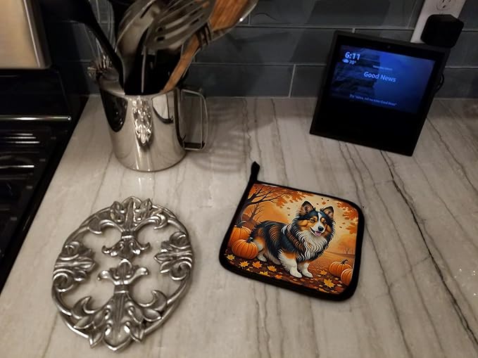Caroline's Treasures DAC1071PTHD Sheltie Fall Pair of Pot Holders Kitchen Heat Resistant Pot Holders Sets Oven Hot Pads for Cooking Baking BBQ, 7 1/2 x 7 1/2