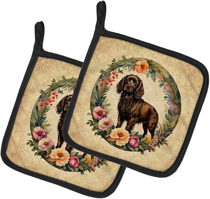 Caroline's Treasures Boykin Spaniel and Flowers Pair of Pot Holders Kitchen Heat Resistant Pot Holders Sets Oven Hot Pads for Cooking Baking BBQ, 7 1/2 x 7 1/2