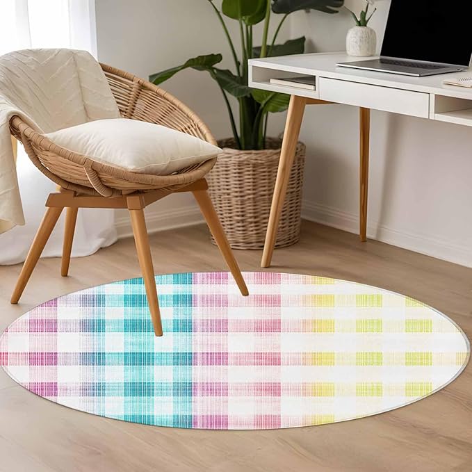 Washable Round Area Rug Easter Red Yellow Blue Stripes Circle Rugs Floor Carpet for Living Room Bedroom, Abstract Buffalo Plaid Soft Non Slip Round Rug 4ft
