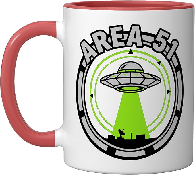 Area 51 UFO Alien Conspiracy Flying Saucer Design Ceramic Mug, Red/White