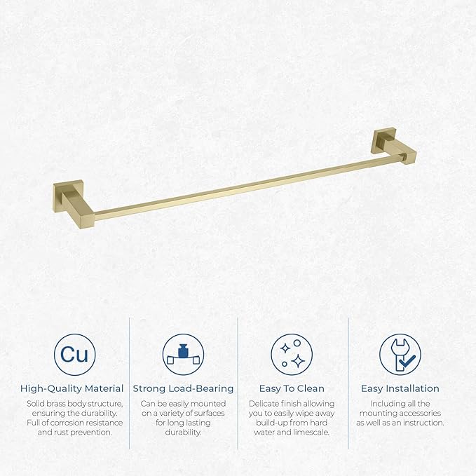 KIBI Cube 24 Inch Bathroom Towel Bar | Wall Mounted Solid Brass Towel Hanger with Corrosion-Resistant Finish | Sleek and Durable Towel Holder for Bathroom Organization (Brushed Gold, KBA1504)