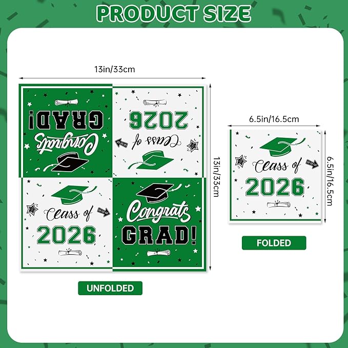 50 Pcs Graduation Napkins Decorations - Green Class of 2026 Congrats GRAD 3-Ply Paper Cocktail Dinner Napkins Set for 2026 Graduation Party Supplies Table Decor Favors, 6.5 x 6.5 Inch