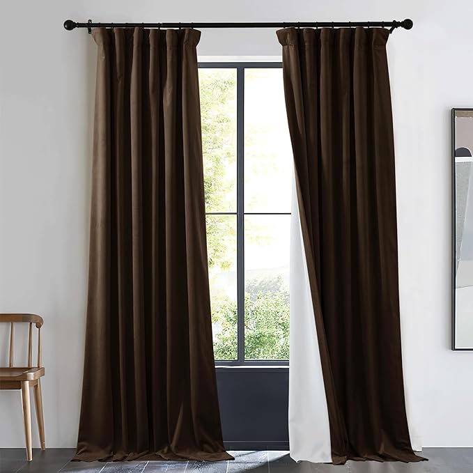 NICETOWN Brown 100% Blackout Warm Velvet Curtain for Living Room, 1 Panel Rod Pocket/Back Tab/Hook Belt Cold Blocking Room Darkening Noise Canceling Window Treatment for Bedroom, W48 x L96