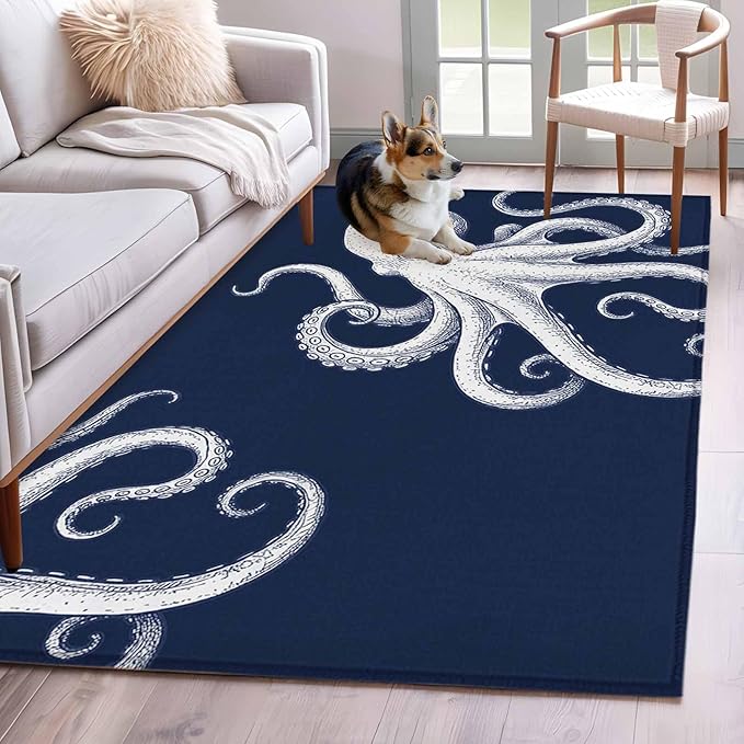 Area Rug 4x6ft, Underwater Ocean Giant Octopus Washable Rugs for Living Room Bedroom, Navy Blue White Marine Life Soft Non-Slip Area Rugs Rectangle Floor Carpet for Dining Room