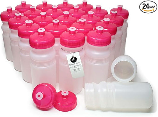 Rolling Sands Reusable Bulk Water Bottles 24 Pack - 20 Oz Sports Water Bottles, USA Made, BPA-Free, Wide Mouth for Easy Cleaning, Dishwasher Safe, Break Resistant - Clear Frost Bottle/Pink Lid