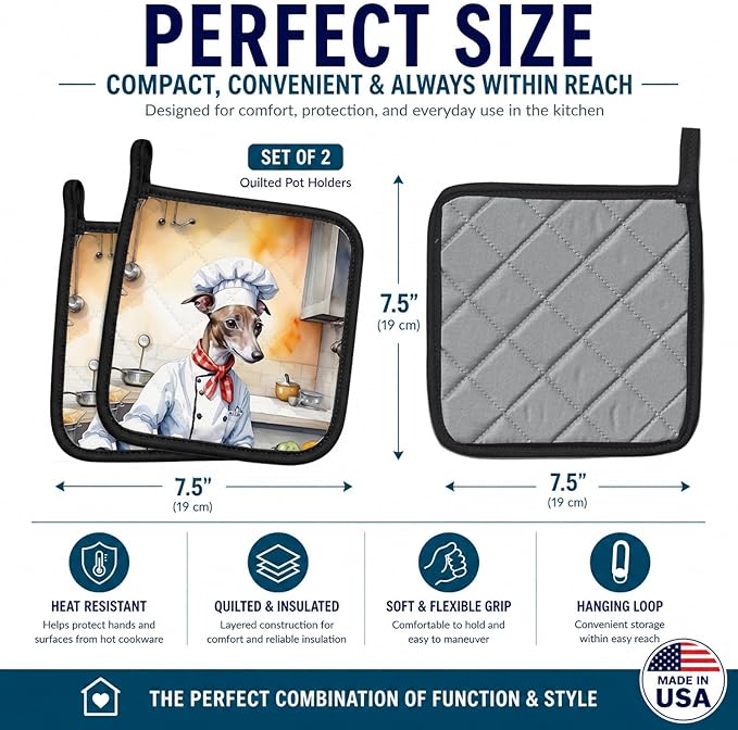 Caroline's Treasures Italian Greyhound The Chef Pair of Pot Holders Kitchen Heat Resistant Pot Holders Sets Oven Hot Pads for Cooking Baking BBQ, 7 1/2 x 7 1/2