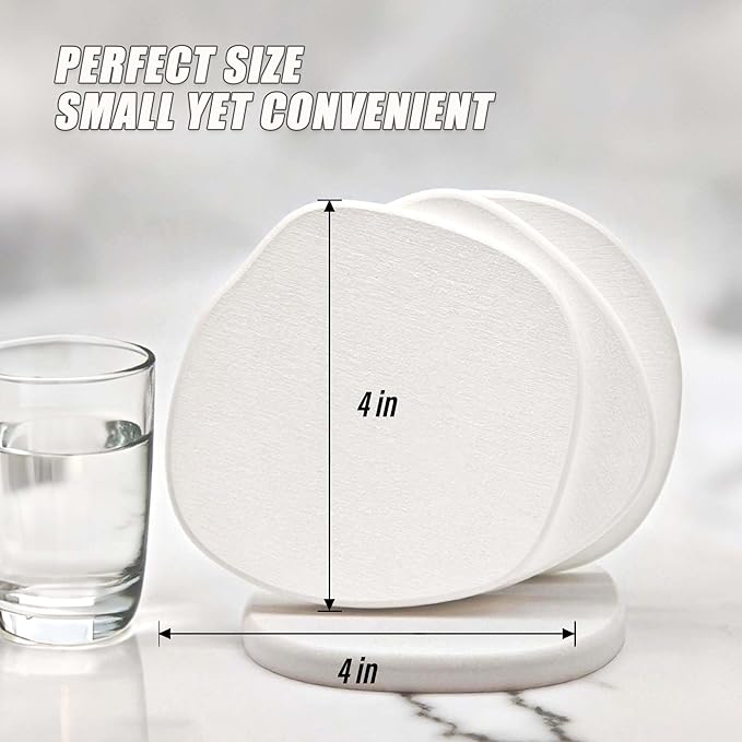 Coasters Set of 4 | Drink Diatomite Coasters Absorbent Cute Modern Unique Aesthetic Stone Coaster for Desks Coffee Table, Instant Drying, with 16 Removable Scratch Protection Pads, White