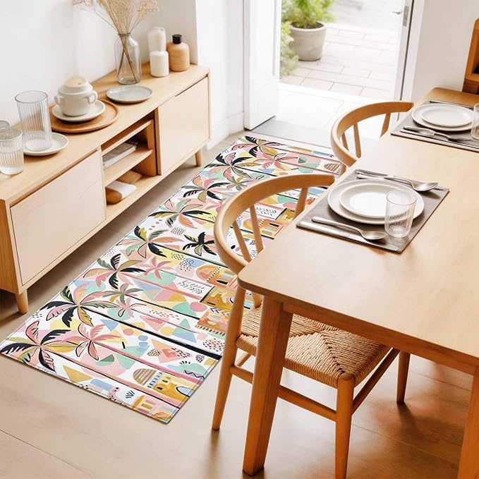 Runner Rug for Bedroom Hallway, Boho Summer Artistic Palm Trees Kitchen Runner Rugs Area Rug 2x6ft, Abstract Buildings Washable Soft Floor Carpet for Entryway Stair