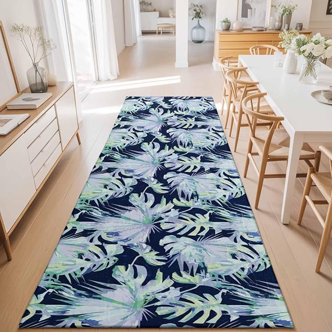 Runner Rug for Bedroom Hallway, Watercolor Blue Teal Palm Leaves Kitchen Runner Rugs Area Rug 2x6ft, Abstract Botanical Washable Soft Floor Carpet for Entryway Stair