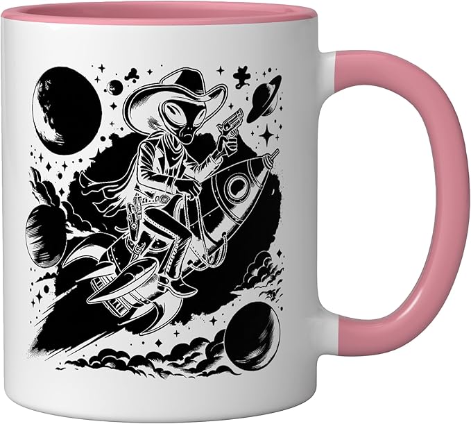 Alien Lover Flying Saucer UFO Extraterrestrial Cowboy Ceramic Mug, Pink/White