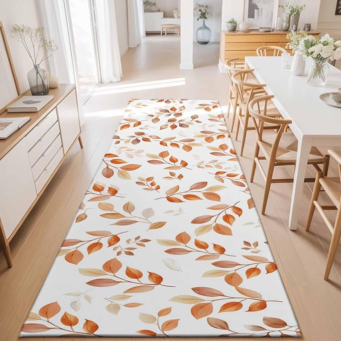 Runner Rug for Bedroom Hallway, Autumn Orange Leaf Botanical Kitchen Runner Rugs Area Rug 2x6ft, Abstract Vine Pattern Washable Soft Floor Carpet for Entryway Stair