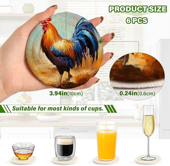 YETTASBIN Rooster 6 Pcs Drink Coasters with Holder, Cotton Woven Absorbent Heat-Resistant Round Coaster Non-Slip Table Mat for Kitchen Bar Home Decor Housewarming Gift, 3.9 in
