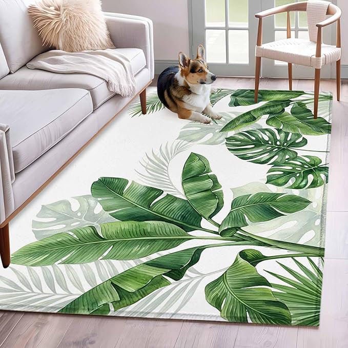 Area Rug 4x6ft, Watercolor Green Tropical Leaves Washable Rugs for Living Room Bedroom, Botanical Palm Leaf Plants Soft Non-Slip Area Rugs Rectangle Floor Carpet for Dining Room