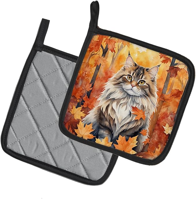 Caroline's Treasures Siberian Cat in Fall Leaves Pair of Pot Holders Kitchen Heat Resistant Pot Holders Sets Oven Hot Pads for Cooking Baking BBQ, 7 1/2 x 7 1/2