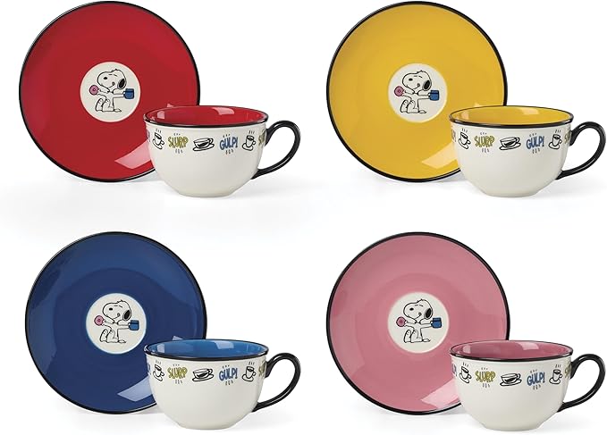 Lenox Teacup Set, Chef Snoopy Tea Cups And Saucers, Sets Of 4, Service For 4, Porcelain Material, Dishwasher And Microwave Safe, Tea Set, Mug, Snoopy Design (Assorted, 8 Pieces, 10 Ounce Capacity)