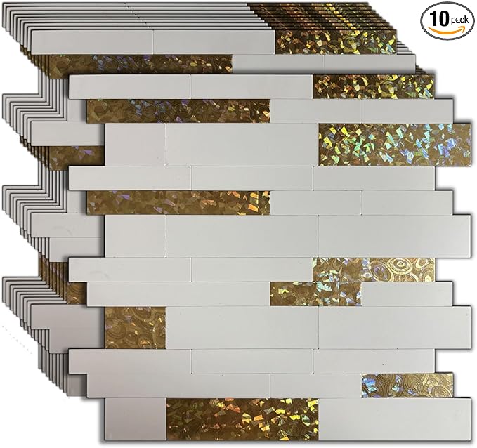 10-Sheet Peel and Stick Backsplash Tile, PVC Mixed Meta,l Stick on Kitchen, Bathroom Vanities, Fireplace Décor, Laundry Table (White+Golden Lasing)