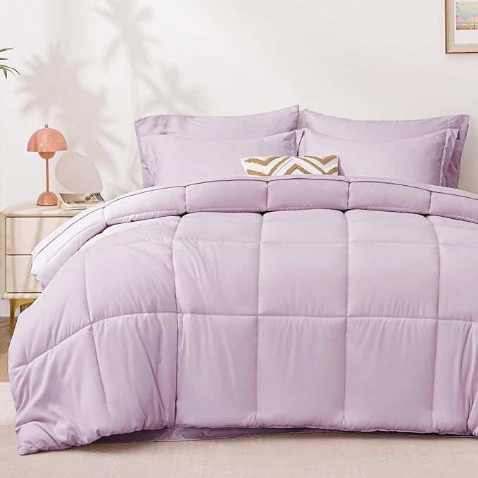 Love's cabin Twin XL Comforter Set Light Purple, 5 Pieces Twin XL Bed in a Bag, All Season Bedding Sets with 1 Comforter, 1 Flat Sheet, 1 Fitted Sheet, 1 Pillowcase and 1 Pillow Sham | Soft, Breathable, Lightweight, Comfortable